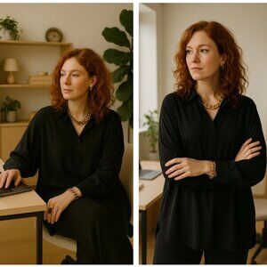 Eileen Fisher Women Medium 100% Silk Collar Popover Tunic Blouse Black Neutral